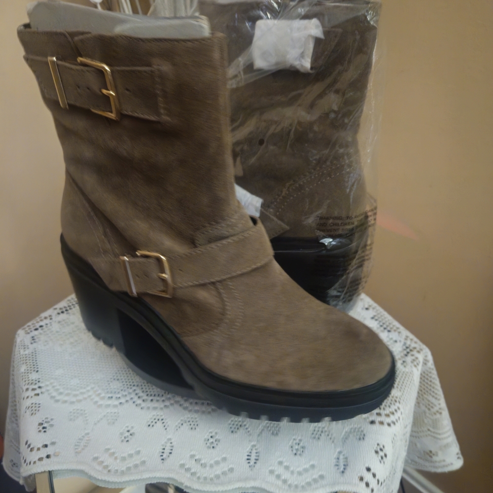 Women's Taupe Suede Wedge Ankle Boots with Buckle